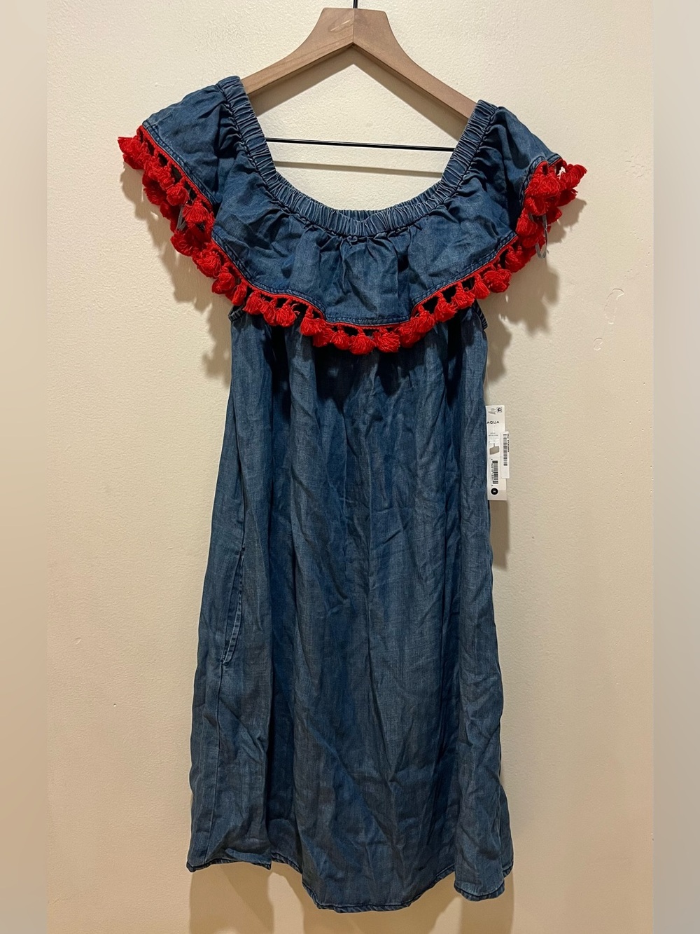 NWT Aqua Brand Denim Blue w/ Red Tassels Off The Shoulder Dress - Women’s Medium